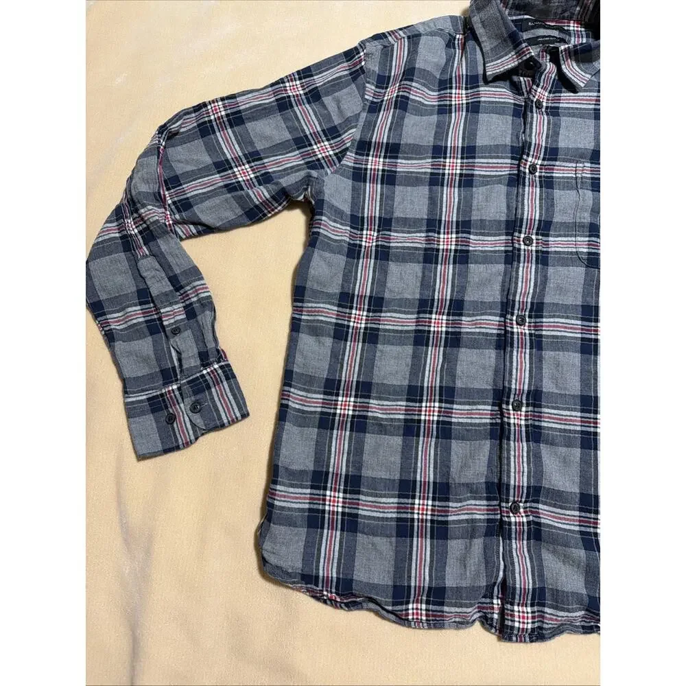 Banana Republic Men's Large Untucked Slim Fit Flannel Shirt Gray Navy Plaid